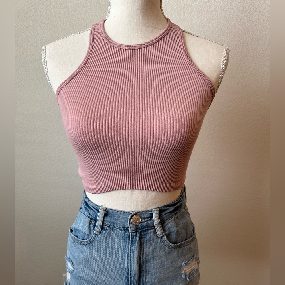Pink High Neck Stretchy Ribbed Racer Back Crop Top Basic Size Small